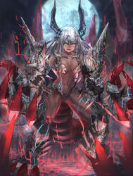  angry armor aura bare_shoulders bikini_armor black_horns body_markings chromatic_aberration claw_(weapon) collarbone crack cracked_floor dark-skinned_female dark_aura dark_skin facial_mark fangs female gauntlets glowing greaves grey_hair hair_between_eyes highres horns long_hair looking_at_viewer moon navel open_mouth orange_eyes pauldrons pixiv_fantasia pixiv_fantasia_revenge_of_the_darkness plaster_(2501) shoulder_armor slit_pupils solo spiked_pauldrons spikes tail teeth toned tongue weapon 