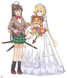  1boy 2girls animal_ears barefoot black_socks blonde_hair book bow bowtie braid brown_hair commentary_request detached_sleeves dress earrings ellie_(housamo) flower full_body furry furry_male green_eyes hair_between_eyes hair_flower hair_ornament hands_on_own_hips head_wreath heterochromia highres holding holding_book horns hug jewelry lion_boy lion_ears loafers long_hair multiple_girls multiple_swords o_o oerba_yun_fang oni_horns open_mouth plaid plaid_skirt pleated_skirt ponytail red_bow red_bowtie red_eyes ribbon sawch_cls school_uniform shoes signature simple_background single_braid skirt smile socks sphinx_(housamo) suzuka_(housamo) tears thick_eyebrows tokyo_afterschool_summoners very_long_hair white_background white_dress wings yellow_eyes yellow_horns yellow_ribbon 