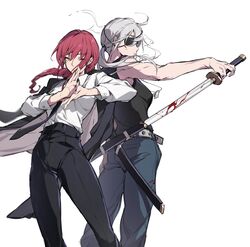  2girls back-to-back black_necktie black_pants black_tank_top blood blood_on_face blood_on_weapon braid braided_ponytail breasts brown_hair business_suit chainsaw_man cigarette expressionless eyepatch formal hand_gesture high-waist_pants highres holding holding_sword holding_weapon long_hair looking_at_viewer makima_(chainsaw_man) medium_breasts multiple_girls muscular muscular_female necktie office_lady oyo_hitsuji pants ponytail quanxi_(chainsaw_man) ringed_eyes shirt shirt_tucked_in sleeveless sleeveless_shirt smoking suit sword tank_top weapon white_hair white_shirt yellow_eyes 