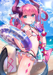  arm_garter ass beach bikini bikini_skirt blue_eyes blush breasts choker cloud commentary_request cowboy_shot day dragon_horns dragon_tail drink drinking elizabeth_bathory_(fate) elizabeth_bathory_(fate/extra_ccc) fate/extra fate/extra_ccc fate/grand_order fate_(series) female from_behind groin hand_up highres holding horns innertube kt._(kaisou-notagui) looking_at_viewer looking_back ocean outdoors pink_hair pointy_ears sand scrunchie sky small_breasts smile solo sparkle standing sun sunlight swim_ring swimsuit tail towel twintails water water_drop wet wrist_scrunchie 