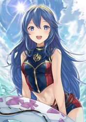  :d akina_(akn_646) bangs bare_arms bare_shoulders belt blue_eyes blue_hair blue_sky blush bra breasts commentary_request day female fire_emblem fire_emblem_awakening fire_emblem_cipher hair_between_eyes hair_ornament innertube long_hair looking_at_viewer lucina_(fire_emblem) navel open_mouth outdoors shorts simple_background sky smile solo sun sweat swimsuit symbol_in_eye tareme tiara underwear upper_teeth very_long_hair 