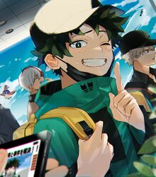  &gt;_o 3boys ;d absurdres backpack bag bakugou_katsuki baseball_cap black_jacket blonde_hair boku_no_hero_academia green_eyes green_hair green_jacket hand_up hat high_collar highres jacket mask mask_pull midoriya_izuku mouth_mask multicolored_clothes multicolored_hair multicolored_jacket multiple_boys one_eye_closed open_mouth pino_(boku_no_hero_academia) red_hair short_hair smile teeth tnkatuyoshi_00 todoroki_shouto two-tone_hair two-tone_jacket upper_body white_hair 