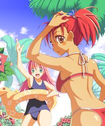  2girls arm_up armpits azpainter_(medium) bikini blue_one-piece_swimsuit blue_sky blush brown_eyes commentary_request cowboy_shot day flower green_eyes high_ponytail highres innertube long_hair looking_at_viewer multiple_girls one-piece_swimsuit open_mouth original outdoors palm_tree pink_hair ponytail red_bikini red_flower red_hair sakakura_(sariri) short_hair sky smile swim_ring swimsuit tan tree yellow_flower 