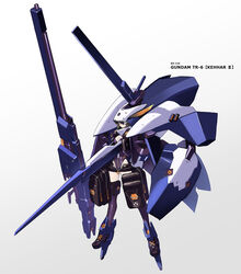  advance_of_zeta bag brown_hair cannon character_name commentary_request female full_body gradient_background green_eyes grey_background gundam highres kehaar_ii looking_at_viewer mecha_musume shield short_shorts shorts solo takamine_nadare thighhighs tr-6_woundwort unzipped white_background zipper 