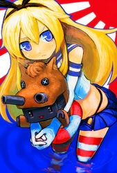  :&lt; animal_costume black_panties blonde_hair blue_eyes blue_skirt commentary_request crop_top elbow_gloves female gloves hairband happy_new_year highleg highleg_panties horse_costume kantai_collection long_hair looking_at_viewer microskirt okina panties pleated_skirt rensouhou-chan rising_sun_flag sailor_collar shimakaze_(kancolle) skirt striped_clothes striped_thighhighs sunburst thighhighs underwear wading water white_gloves 