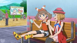  2boys 4girls bench bike_shorts billboard blue_eyes blue_ribbon cloud commentary day english_commentary eyelashes grass hairband hat highres holding light_brown_hair loudred lukas_thadeu marina_(pokemon) marshtomp may_(pokemon) multiple_boys multiple_girls official_style open_mouth outdoors pointing pokemon pokemon_(anime) pokemon_(creature) pokemon_gsc pokemon_oras pokemon_xy_(anime) ribbon rotom rotom_phone serena_(pokemon) shirt shoes short_hair shorts sitting sky sleeveless sleeveless_shirt smile stairs thighhighs tongue trapinch watermark 