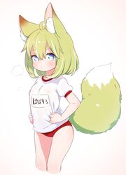  ahoge animal_ear_fluff animal_ears babalilo babalilo_(babalilo) bad_id bad_twitter_id blue_eyes buruma commentary_request covered_nipples female fox_ears fox_girl fox_tail green_hair gym_uniform highres inactive_account original red_buruma see-through shirt shirt_tug short_hair short_sleeves simple_background solo tail thighs white_background white_shirt 