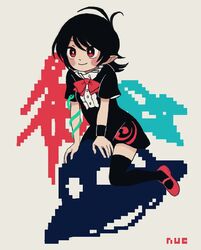  asymmetrical_wings black_dress black_hair black_thighhighs blue_wings blush bow bowtie buttons center_frills dress female frilled_dress frills houjuu_nue mary_janes pixelated pointy_ears red_bow red_bowtie red_eyes red_footwear red_wings shoes short_dress short_hair short_sleeves simple_background smile snake thighhighs touhou ufo white_background wings wristband you_taira 