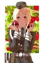  absurdres aiguillette apple asimo_(hakurei10201) belt_pouch black_hat black_jacket black_necktie blonde_hair blush brown_eyes closed_mouth commission commissioner_upload female food fruit garrison_cap girls&#039;_frontline hands_up hat highres holding holding_food holding_fruit jacket leaf long_sleeves looking_at_viewer medium_hair military_uniform mp40_(girls&#039;_frontline) necktie pouch shirt skeb_commission solo uniform upper_body white_shirt 