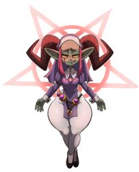  2022 absurd_res breasts clothed clothing curvy_figure demon female goblin green_body hi_res horn horned_humanoid humanoid not_furry nuclearwasabi nun short_stack simple_background small_breasts solo thick_thighs white_background wide_hips 