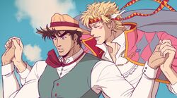  2boys adam&#039;s_apple argyle argyle_jacket ascot battle_tendency blonde_hair blue_eyes brown_hair caesar_anthonio_zeppeli catneylang cloud commentary cosplay derivative_work earrings english_commentary facial_mark feathers green_vest grey_eyes hair_feathers headband highres holding_hands howl_(howl_no_ugoku_shiro) howl_(howl_no_ugoku_shiro)_(cosplay) howl_no_ugoku_shiro jacket jacket_on_shoulders jewelry jojo_no_kimyou_na_bouken joseph_joestar_(young) long_sleeves looking_at_another looking_down male_focus multiple_boys multiple_sources necklace parody pink_jacket red_neckwear screencap_redraw shirt short_hair sophie_(howl_no_ugoku_shiro) sophie_(howl_no_ugoku_shiro)_(cosplay) vest white_shirt 