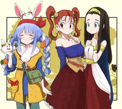  3girls animal_ears bandana bare_shoulders belt black_hair blue_hair braid breasts brown_eyes brown_hair carrot_hair_ornament cleavage closed_eyes closed_mouth commentary_request corset cosplay crossover don-chan_(usada_pekora) dragon_quest dragon_quest_viii dress earrings food-themed_hair_ornament fur_scarf hair_ornament hero_(dq8) hero_(dq8)_(cosplay) highres hololive index_finger_raised jessica_albert jewelry kajino_(aosansai) large_breasts long_hair medea_(dq8) medium_breasts multicolored_hair multiple_girls on_head purple_shirt rabbit_ears scarf shirt short_eyebrows slime_(dragon_quest) smile standing sword thick_eyebrows twin_braids twintails two-tone_hair usada_pekora virtual_youtuber weapon white_hair white_scarf 