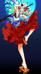  absurdres alternate_breast_size arms_up blue_hair breasts chains club_(weapon) commentary_request cuffs curled_horns earrings female floating_hair from_below full_body full_moon geta green_hair hair_ornament hair_stick hakama hakama_pants hanzaki_jirou highres hip_vent holding holding_weapon horns huge_breasts japanese_clothes jewelry kanabou kimono leg_up long_hair looking_at_viewer midair moon multicolored_horns night night_sky one_piece oni open_mouth orange_horns outdoors outstretched_leg pants partial_commentary red_horns shackles sky smile solo spread_legs star_(sky) starry_sky toenails toes very_long_hair weapon white_hair wide_sleeves yamato_(one_piece) yellow_eyes 