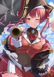  ;) absurdres aiming aiming_at_viewer ascot black_hat black_jacket blush bodystocking breasts brown_eyes cleavage covered_navel cropped_jacket day eyepatch female gloves grin gun hair_ribbon handgun hat heart heterochromia highres holding holding_gun holding_weapon hololive houshou_marine houshou_marine_(1st_costume) jacket large_breasts long_hair long_sleeves looking_at_viewer mei_am0 miniskirt off_shoulder one_eye_closed pirate_hat pleated_skirt red_ascot red_hair red_jacket red_ribbon red_skirt ribbon see-through see-through_cleavage skirt sleeveless sleeveless_jacket smile solo twintails unworn_eyepatch virtual_youtuber weapon white_gloves yellow_eyes 