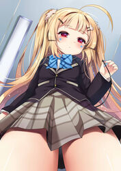  ahoge azur_lane black_jacket blazer blonde_hair blue_bow blush bow brown_skirt commentary dress_shirt earbuds earphones eldridge_(azur_lane) eldridge_(the_inquisitive_recluse)_(azur_lane) facial_mark female from_below hair_ornament hairclip holding holding_earphones ikazu401 indoors jacket long_hair looking_at_viewer looking_down official_alternate_costume pleated_skirt red_eyes shirt skirt solo standing two_side_up very_long_hair white_shirt 