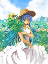  azpainter_(medium) blue_hair blue_sky breasts closed_mouth cloud commentary_request day dress female field flower flower_field foot_out_of_frame hat highres holding holding_flower long_dress long_hair looking_at_viewer medium_breasts mountain mountainous_horizon mypaint_(medium) original outdoors red_eyes sakakura_(sariri) sky sleeveless sleeveless_dress smile solo sun_hat sundress sunflower sunflower_field white_dress yellow_flower 