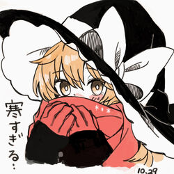  blonde_hair blush bow covered_mouth female frills gloves hat hat_bow kirisame_marisa long_hair red_scarf scarf simple_background solo touhou translated upper_body white_background white_bow winter_clothes witch_hat yellow_eyes you_taira 