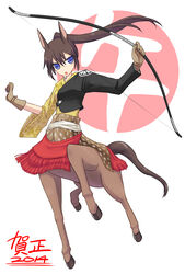  2014 animal_ears blue_eyes bow_(weapon) brown_hair centaur chinese_zodiac commentary_request female gloves horse_ears kurakumo_nue long_hair monster_girl nengajou new_year open_mouth original ponytail solo taur weapon year_of_the_horse 