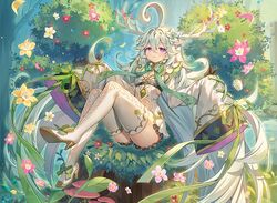  animal_ears boots bow cropped dress flowers forest green_hair horns leaves long_hair navel purple_eyes ribbons thighhighs tree valkyrie_connect waifu2x yeonwa 