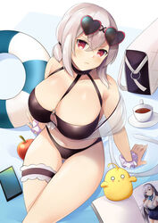  apple artist_self-reference azur_lane bag bare_shoulders belfast_(azur_lane) between_breasts bikini black_bikini blush book breasts cellphone cleavage closed_mouth collarbone eyewear_on_head female food from_above fruit hair_between_eyes huge_breasts innertube jokerace03 looking_at_viewer looking_up low_ponytail manjuu_(azur_lane) navel official_alternate_costume open_book phone red-framed_eyewear see-through shawl short_hair sirius_(azur_lane) sirius_(scorching-hot_seirios)_(azur_lane) sitting smartphone solo sunglasses swim_ring swimsuit thigh_strap thighs v-shaped_eyebrows 