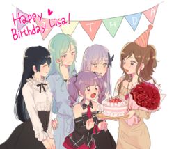  5girls ^_^ aqua_hair bad_id bad_twitter_id bang_dream! beige_sweater birthday_cake black_hair black_neckwear black_skirt blue_dress bouquet brown_hair butterfly_hair_ornament cake character_name closed_eyes commentary_request crying detached_sleeves dress earrings english_text flower food frilled_shirt_collar frills green_eyes grey_hair hair_ornament half_updo happy_birthday happy_tears hat heart high-waist_skirt hikawa_sayo imai_lisa jewelry korean_commentary long_sleeves minato_yukina multiple_girls neck_ribbon necktie open_mouth party_hat purple_eyes purple_hair red_flower red_necktie red_rose res2shuu ribbon rose roselia_(bang_dream!) shirokane_rinko shirt sidelocks simple_background skirt smile string_of_flags sweatdrop sweater sweater_dress tears twintails udagawa_ako white_background white_shirt yellow_eyes 