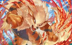  2021 ambiguous_gender arcanine brown_eyes cloud day feral fire fur generation_1_pokemon hi_res nintendo open_mouth paws pokemon pokemon_(species) solo teeth tongue tuft wolftapioca 