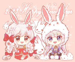  2023 2girls :d animal animal_ears animal_hood bandaged_arm bandages biolo_(ragnarok_online) blush bow braid cardinal_(ragnarok_online) carrot chinese_commentary chinese_zodiac commentary_request detached_sleeves dress fake_animal_ears grey_hair hairbow happy_new_year highres hood hood_up light_(luxiao_deng) long_hair long_sleeves lunatic_(ragnarok_online) multiple_girls pink_background purple_eyes rabbit rabbit_ears rabbit_hood ragnarok_online red_bow red_dress red_eyes red_sleeves smile sparkle teeth twin_braids upper_teeth_only very_long_hair wide_sleeves year_of_the_rabbit 