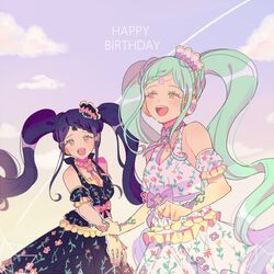  2girls :d aqua_hair bad_id bad_twitter_id black_dress black_hair braid clenched_hand contrail detached_sleeves dress falala_a_larm floral_print frilled_sleeves frills garara_s_leep hand_grab happy_birthday head_chain headphones idol_time_pripara jewelry long_hair multiple_girls neck_ribbon open_mouth pink_ribbon pretty_series print_dress pripara purple_eyes purple_ribbon res2shuu ribbon short_sleeves sidelocks smile twintails very_long_hair white_dress wrist_flower yellow_eyes 