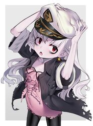  albatross_koukairoku arms_up bad_id bad_twitter_id bags_under_eyes black_jacket black_pantyhose black_ribbon collarbone commentary dress female fingernails grey_background grey_hair hands_on_headwear hat highres jacket kuro_(albatross_koukairoku) long_hair looking_at_viewer miyamae_(miyazen9311) open_clothes open_jacket open_mouth pantyhose peaked_cap pink_dress red_eyes ribbon sanpaku short_sleeves solo torn_clothes torn_dress torn_jacket two-tone_background very_long_hair white_background white_hat 