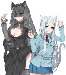  2girls aleis-tan aleister_crowley_(toaru_majutsu_no_index) animal_ears anoshabu bad_id bad_pixiv_id belt black_dress black_legwear black_tail black_veil blue_jacket blue_skirt breasts bright_pupils cat_ears cat_tail cattail claw_pose cleavage commentary_request cowboy_shot dress fake_animal_ears funeral_dress green_eyes grey_hair grin highres holding jacket large_breasts long_hair long_sleeves looking_at_viewer mina_mathers miniskirt multiple_girls necktie oerba_yun_fang plant pleated_skirt red_necktie short_hair simple_background skirt smile spoilers swept_bangs tail thighhighs toaru_majutsu_no_index toaru_majutsu_no_index:_new_testament veil very_long_hair white_background white_pupils 