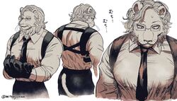  1boy animal_ears bara beastars black_gloves black_necktie black_pants commentary_request furry furry_male glasses gloves greyscale harness highres ibuki_(beastars) large_pectorals lion_boy lion_ears lion_mane lion_tail male_focus monochrome multiple_views necktie pants pectorals shirt siratan sweatdrop tail translation_request twitter_username whiskers white_background white_shirt 