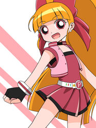  :d akazutsumi_momoko belt black_choker black_gloves choker earrings female fingerless_gloves flat_chest gloves highres hyper_blossom jacket jewelry leotard long_hair looking_at_viewer open_mouth orange_hair pink_jacket powerpuff_girls_z red_eyes red_leotard red_ribbon red_skirt ribbon skirt sleeveless sleeveless_jacket smile tongue very_long_hair white_belt zetsuei_(zetto) 