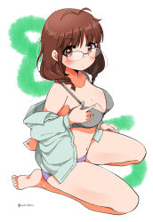  akizuki_ritsuko antenna_hair barefoot blunt_bangs blush bra braid breasts brown_eyes brown_hair cleavage closed_mouth clothes_lift collarbone dot_nose eyelashes female from_above full_body glasses grey_bra idolmaster idolmaster_(classic) idolmaster_million_live! idolmaster_million_live!_theater_days kneeling large_breasts long_sleeves looking_at_viewer merukyara navel off_shoulder panties purple_panties shirt_lift solo twin_braids twitter_username underwear white_background 