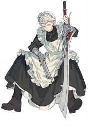  1boy alternate_costume apron belt belt_buckle belt_collar black_footwear blue_eyes boots brown_belt buckle clenched_teeth collar crossdressing devil_may_cry_(series) devil_may_cry_5 dress enmaided frills frown gougougougou gun highres holding holding_gun holding_sword holding_weapon long_sleeves looking_at_viewer maid maid_apron maid_headdress male_focus male_maid nero_(devil_may_cry) ornate_weapon revolver short_hair simple_background sitting solo sword teeth weapon white_apron white_background white_hair 