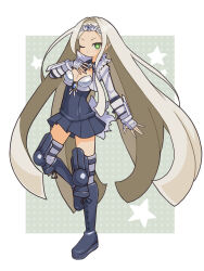  armor blue_brooch blue_dress blue_footwear blue_gemstone blunt_tresses boots bracer breastplate breasts cleavage cropped_jacket cross-laced_footwear dark-skinned_female dark_skin disgaea dress gem green_background green_eyes grey_hair highres long_hair makai_senki_disgaea_3 medium_breasts one_eye_closed pleated_skirt polka_dot polka_dot_background sapphire_rhodonite short_dress skirt smile spiked_gauntlets standing standing_on_one_leg star-shaped_pupils star_(symbol) suaman symbol-shaped_pupils symbol_in_eye thighhighs v-shaped_eyebrows very_long_hair white_thighhighs 