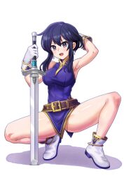  armpits bare_legs belt black_hair blush boots breasts commission commissioner_upload earrings els_(ljhlee12) female fire_emblem fire_emblem:_genealogy_of_the_holy_war full_body gloves highres holding holding_sword holding_weapon jewelry larcei_(fire_emblem) looking_at_viewer open_mouth pelvic_curtain pixiv_commission planted planted_sword purple_tunic short_hair sidelocks sleeveless solo spread_legs squatting sword tiptoes tunic weapon white_background 