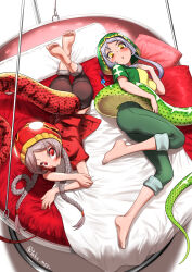  2girls amazon_tree_boa_(kemono_friends) barefoot blush braid capri_pants emerald_tree_boa_(kemono_friends) feet green_jacket green_pants green_shirt grey_hair highres hood hood_up jacket kashisu_mint kemono_friends looking_at_viewer multiple_girls on_bed pants pants_rolled_up red_eyes red_jacket red_pants red_shirt shirt short_sleeves sidelocks snake_girl snake_tail soles t-shirt tail toes twin_braids twintails two-tone_shirt white_background yellow_eyes yellow_shirt 