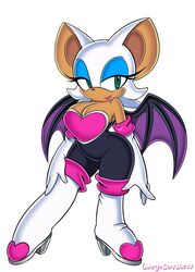  1girls anthro bat bat_wings big_breasts breasts chiropteran cleavage clothed clothing female fur furry furry_only green_eyes mobian_(species) official_art omegasunburst redraw rouge_the_bat sega smile solo sonic_(series) standing tagme thick_thighs white_hair wide_hips 