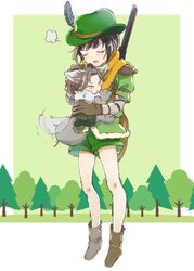  &gt;_&lt; 2boys animal_costume animal_ears black_hair boots brown_hair closed_eyes commentary_request feathers forest gun hata_(hatatatata) hug idolmaster idolmaster_side-m kamiya_yukihiro male_focus multiple_boys nature rifle shinonome_soichiro shorts tail tail_wagging weapon wolf_boy wolf_costume 