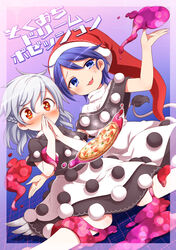  +_+ 2girls blue_eyes blue_hair blush capelet commentary_request cosplay cover cover_page covering_own_mouth doremy_sweet doremy_sweet_(cosplay) doujin_cover dream_soul dress food grey_hair harusame_(unmei_no_ikasumi) hat kishin_sagume multiple_girls nightcap pizza pom_pom_(clothes) red_eyes reitaisai single_wing smile sweatdrop tail tapir_tail touhou wings 