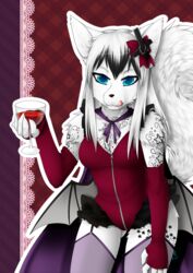  alcohol anthro arm_warmers armwear beverage blue_eyes clothed clothing felid female fur hair looking_at_viewer lovelesskiax mammal solo tattoo tongue tongue_out vindictiivespet wine 