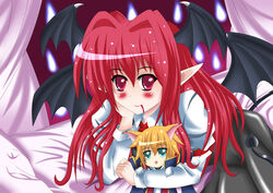  1boy aqua_eyes bad_anatomy bad_id bad_pixiv_id bat_wings bed blazblue blonde_hair blood blue_eyes blush chibi crossover demon_tail dress eien_no_kurayami female highres japanese_clothes jin_kisaragi kemonomimi_mode koakuma m.u.g.e.n military military_uniform pointy_ears red_eyes red_hair tail touhou uniform wings yandere 