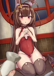  ahoge alcohol animal_ear_fluff animal_ears architecture azur_lane baozi barefoot blunt_bangs blurry blurry_foreground blush bottle braid breasts brown_hair brown_thighhighs chinese_clothes cleavage_cutout clothing_cutout collarbone commentary_request covered_navel depth_of_field dutch_angle east_asian_architecture eating female flower food groin hair_flower hair_ornament hairband halterneck hands_up highleg highleg_leotard highres hip_focus holding holding_food indoors lattice leotard long_hair looking_at_viewer official_alternate_costume on_floor parted_lips ping_hai_(azur_lane) ping_hai_(osmanthus_moon_rabbit)_(azur_lane) playboy_bunny pov rabbit_ears red_eyes red_leotard round_window sake sake_bottle side_braid side_slit sidelocks sitting small_breasts spill stirrup_legwear straight_hair templus thick_thighs thighhighs thighs toeless_legwear tokkuri turtleneck two_side_up very_long_hair wakamezake wariza white_hairband window yellow_flower 