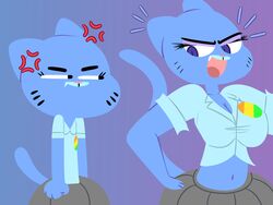  4:3 angry anthro big_breasts blue_body blue_fur breasts cartoon_network cleavage clothed clothing domestic_cat duo felid feline felis female flat_chested flutteringpie fur makeup mammal mature_anthro mature_female midriff navel nicole_watterson size_difference the_amazing_world_of_gumball tight_clothing wide_hips 