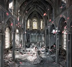  architecture bad_id bad_pixiv_id bare_shoulders black_eyes black_hair blurry blush bouquet church dress faux_traditional_media female flower gothic_architecture highres indoors looking_at_viewer looking_back original outstretched_arms petals ruins scenery shiguma_(sigmasmail) short_hair smile solo stained_glass sunlight vaulted_ceiling veil wedding_dress window 