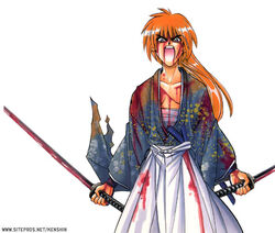  1boy blood himura_kenshin japanese_clothes katana long_hair male_focus ponytail rurouni_kenshin samurai sarashi screaming simple_background solo sword watsuki_nobuhiro weapon 