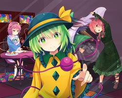  4girls animal_ears arm_cannon arm_up bad_id bad_pixiv_id black_wings blush book bow braid brown_hair cape cat_ears chair dress extra_ears eyeball food fourth_wall green_dress green_eyes green_hair green_skirt hair_ornament hair_ribbon hairband hairbow hat hat_ribbon head_tilt heart highres indoors kaenbyou_rin komeiji_koishi komeiji_satori leg_ribbon long_hair long_sleeves looking_at_viewer multiple_girls nekomiyanono one_eye_closed open_book open_mouth pink_hair red_eyes red_hair reiuji_utsuho ribbon running shirt shoes short_hair sitting skirt slippers smile socks stretching string third_eye touhou twin_braids weapon white_legwear wide_sleeves wings 