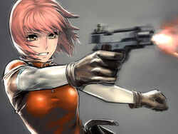  bodysuit casing_ejection clenched_teeth cocking_gun commentary_request female firing foreshortening gloves gradient grey_theme gun handgun holding holding_gun holding_weapon iwai_ryou m1911 mezzo_danger_service_agency mezzo_forte motion_blur muzzle_flash photoshop_(medium) pink_hair recoil shell_casing shirt short_hair solo suzuki_mikura sweat taut_clothes taut_shirt teeth weapon yellow_eyes 