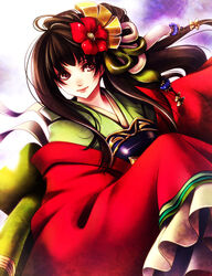  brown_eyes brown_hair commentary_request female flower hair_flower hair_ornament japanese_clothes kimono layered_clothes layered_kimono light_smile onimusha_soul solo uni_(uniuni5) 