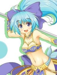  artist_request blue_eyes blue_hair blush bow bra breasts female gem hammer happy jewel looking_at_viewer lowres mound_of_venus navel oerba_yun_fang playstation ponytail ribbon small_breasts smile the_legend_of_dragoon underwear weapon wingly wristband 